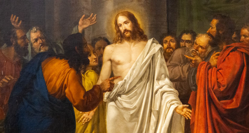 The painting of Resurrected Jesus Christ with Thomas the apostle and other apostles by Sebastiano Santi in 'Chiesa dei Santi Apostoli'