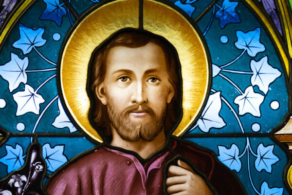 A stained-glass window depicting Saint Joseph. Displayed in the Roman Catholic Archbishop's office